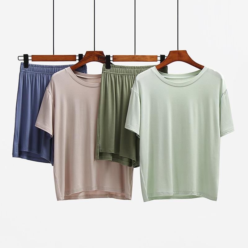 ルームウェア レディース 上下セット 薄手 ラウンドネック 半袖 ショートパンツ ハーフパンツ 春夏 浅緑 2点 セット 部屋着 リラックス