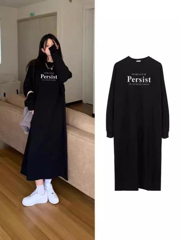 乐天商城 - ワンピース レディース 大きいサイズ ゆったり カットソー 膝丈 長袖 Tシャツ プリント アルファベット スリット トップス 秋冬2