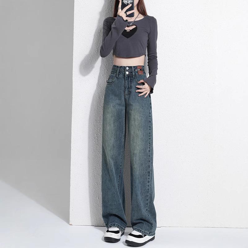 デニム レディース 春秋 ハイウエスト ワイドレッグ ジーンズ スリム 小柄 細見え ゆったり ストレート パンツ ジーパン