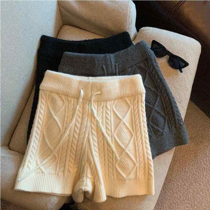 ニット ショートパンツ レディース 秋冬 ドローストリング ハイウエスト あったか 防寒 レギンス スパッツ リラックス ウェア 部屋着 かわいい