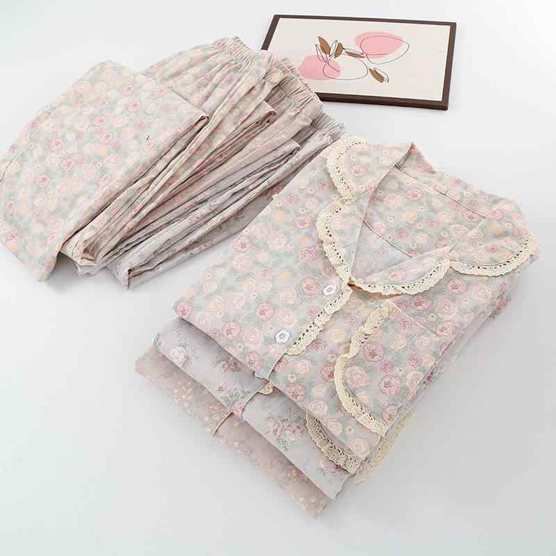 パジャマ レディース 春秋 綿 ガーゼ 前開き 部屋着 長袖 長ズボン 上下セット 田園風 かわいい