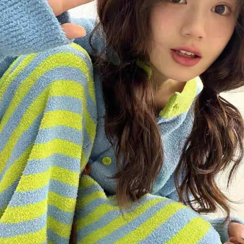 パジャマ レディース 秋冬用 厚手 ニット ルームウェア ストライプ柄 韓国 あったか 暖かい 部屋着 かわいい 寝巻き 寝間着
