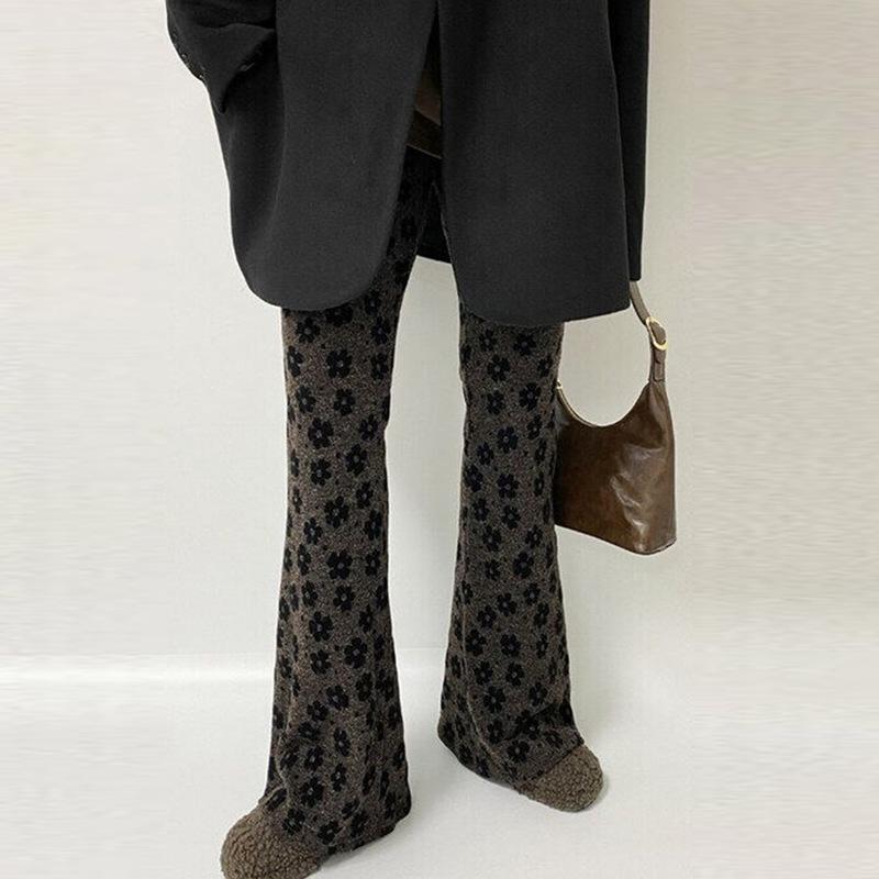パンツ レディース 秋冬 韓国 女性用 ヒョウ柄 フレアパンツ 美脚 レトロ カジュアル ロングパンツ