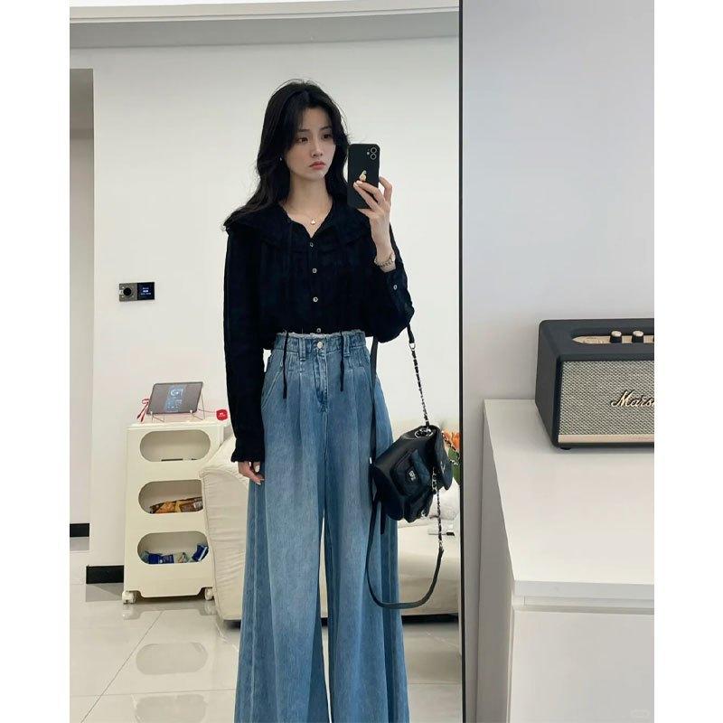 シャツ レディース 大きいサイズ デニム ワイドパンツ 春物 レトロ かわいい おしゃれ