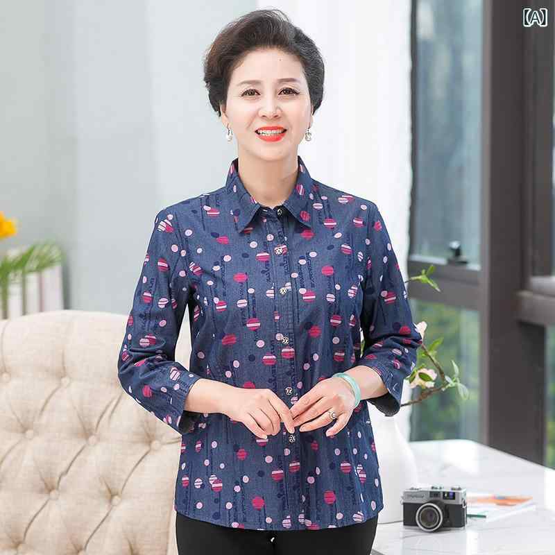 シャツ レディース ミセス 全綿 中袖 プリント デニム 七分袖 襟付き ブラウス トップス
