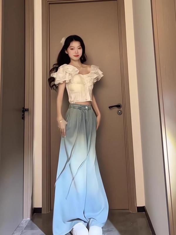 シャツ レディース 半袖 一字肩 ウエストシェイプ スリム デニムパンツ セットアップ ハイウエスト 接触冷感 伸縮性 トップス ブラウス Gパン ジーパン