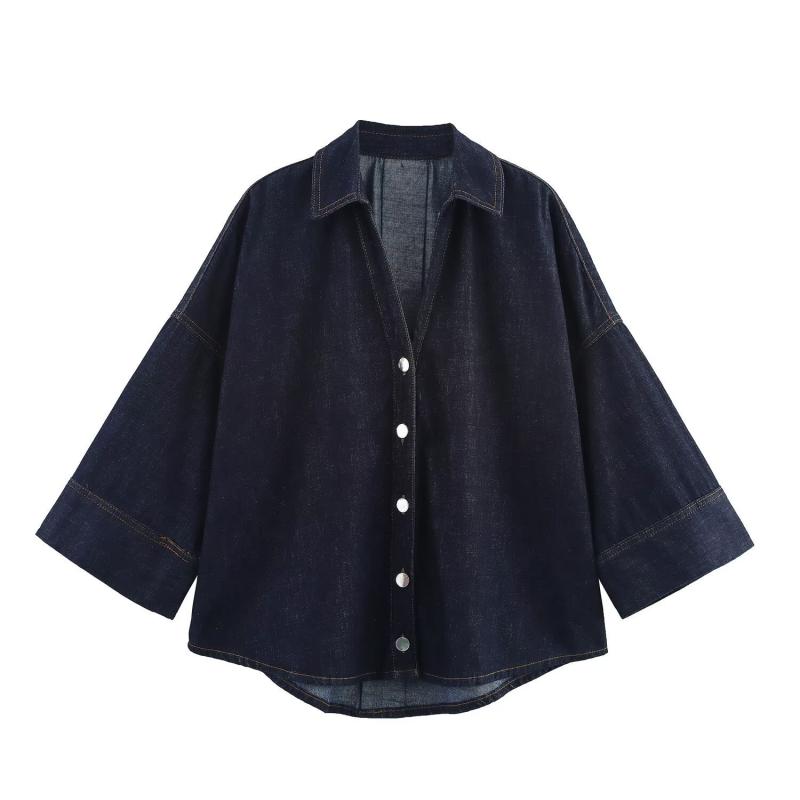 Three-Piece Set - シャツ レディース デニム セットアップ ワイドスリーブ ブラウス パンツ 上下セット 普段使い 通勤用 春夏