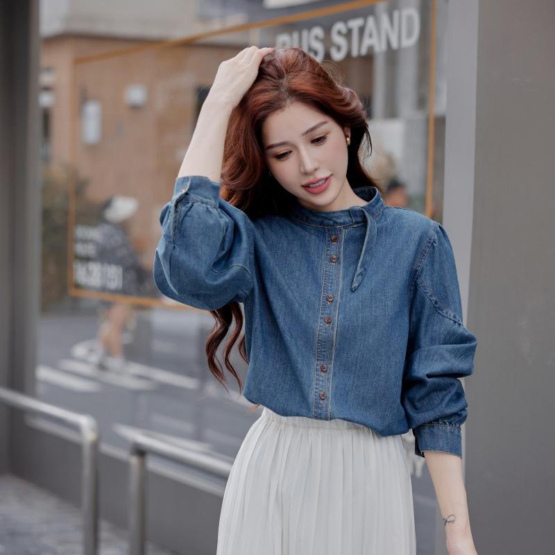 シャツ レディース デニム 春秋 パフスリーブ スタンドカラー 小顔効果 細見え 着痩せ 小柄 おしゃれ かわいい ブラウス トップス