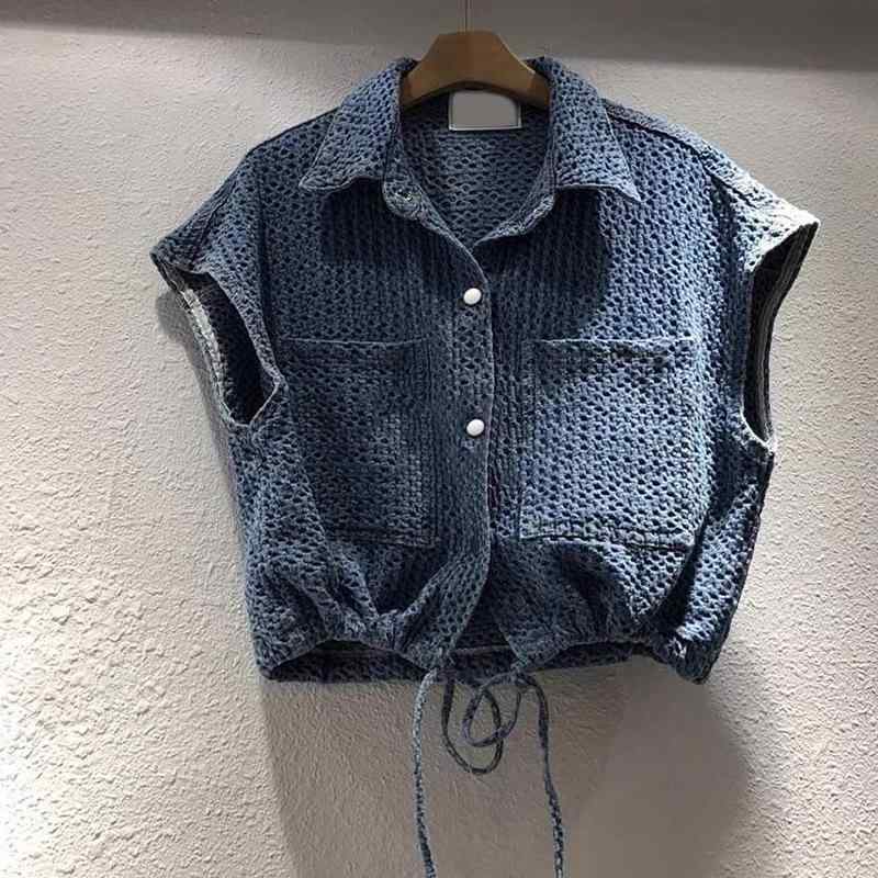 シャツ レディース 半袖 デニム 韓国 トップス ブラウス 襟付き 百搭 おしゃれ 下摆 抽绳 春夏2