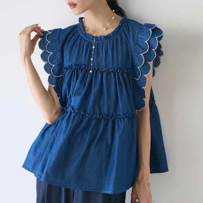 シャツ レディース デニム ウォッシュド かわいい トップス ブラウス ドールシャツ ガーリー 高見え 高見えデニム フェミニン
