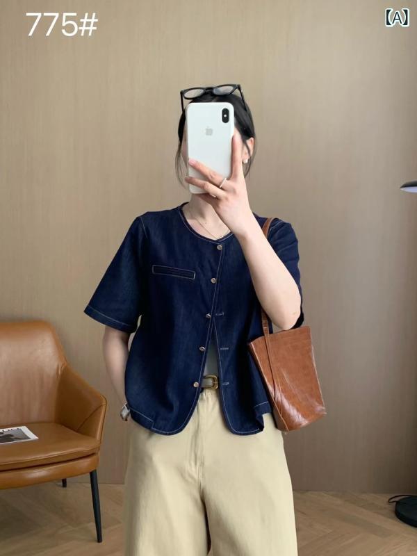 シャツ レディース 韓国 ウォッシュデニム 半袖 トップス アウター ラウンドネック 5分袖 デニムシャツ ブラウス 春夏2