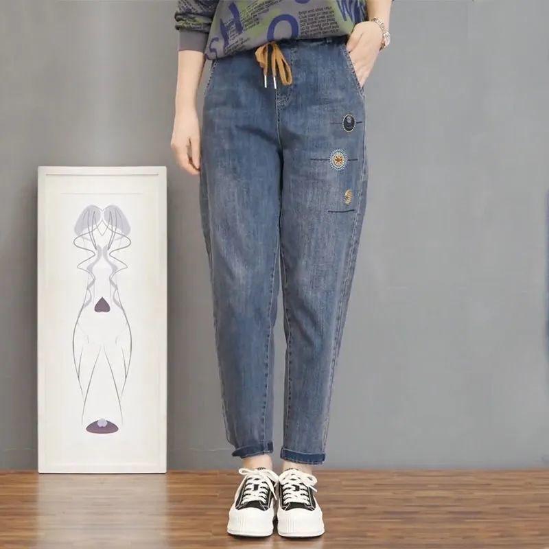 Rakuten - ジーンズ レディース 春秋物 ストレッチ デニムパンツ 高腰 ゆったり 刺繍 エスニック