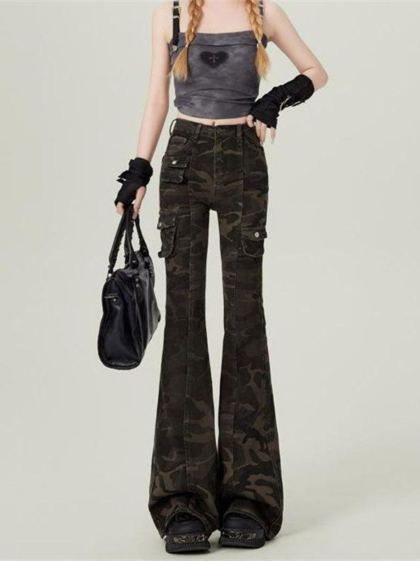 ジーンズ レディース デニムパンツ 迷彩柄 ミリタリー ワークパンツ フレアパンツ ハイウエスト 美脚 脚長 ロングパンツ ゆったり 春夏