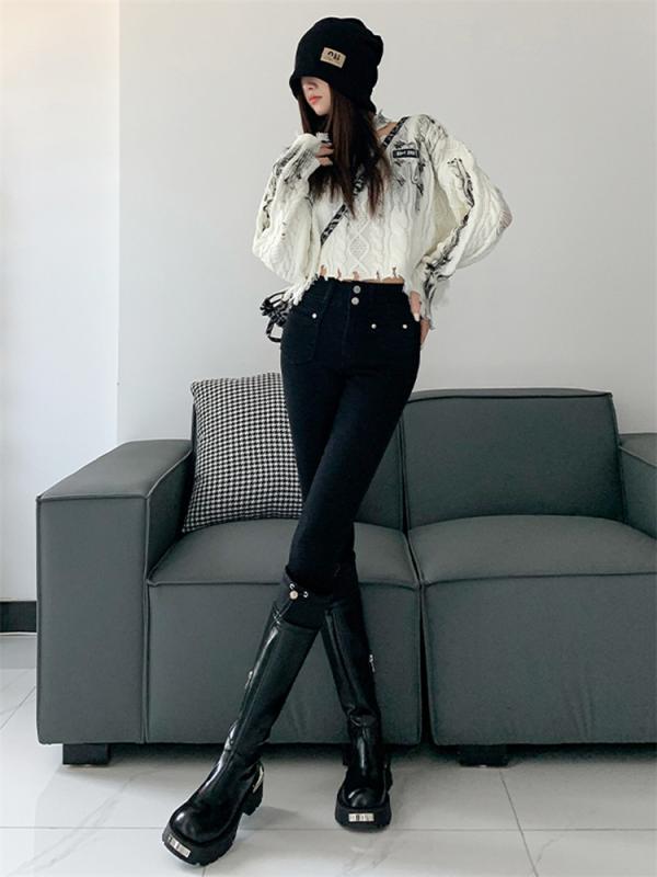 ジーンズ レディース 秋冬 ブラック 黒 高腰 ハイウエスト 小脚 スキニー デニムパンツ スリム 美脚 ストレッチ 伸縮性 裏起毛 あったか 暖か