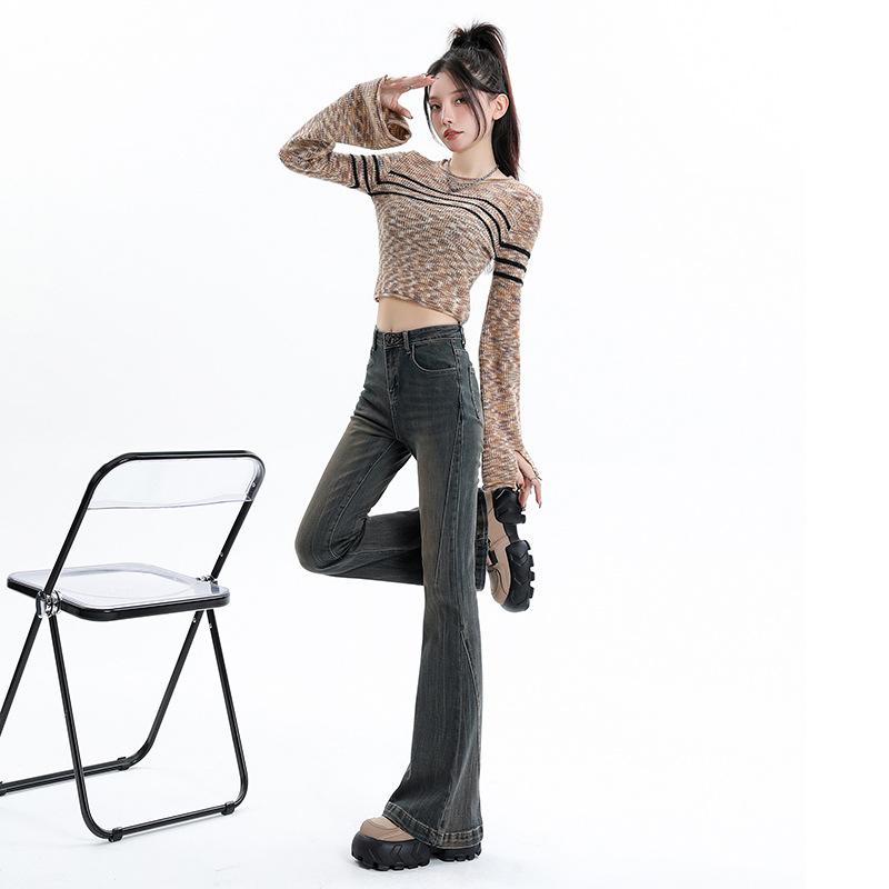 ジーンズ レディース 秋冬 ストレッチ ハイウエスト デニム ジーパン ラッパズボン フレアパンツ 美脚 脚長 スキニー 黒 ブラック