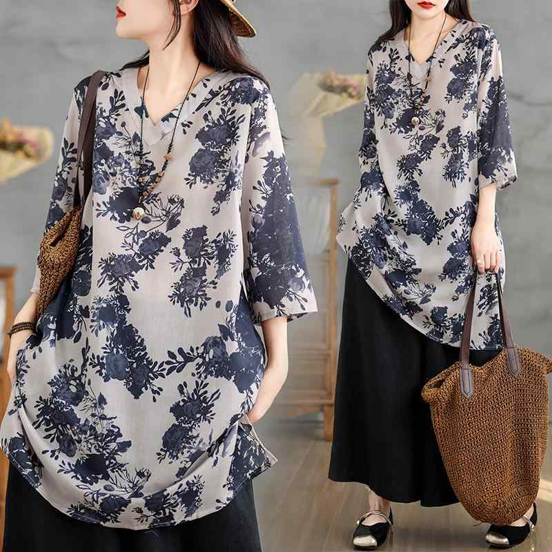 "シャツ レディース Vネック プルオーバー チュニック 中 длинный 麻 リネン 薄手 プリント トップス 亜麻 контакты контакты контакты контакты контакты контакты контакты кон