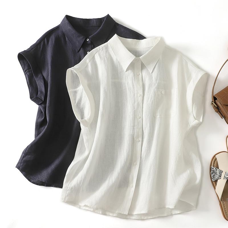 シャツ レディース 麻 リネン 半袖 襟付き ブラウス トップス 薄手 エレガント きれいめ おしゃれ