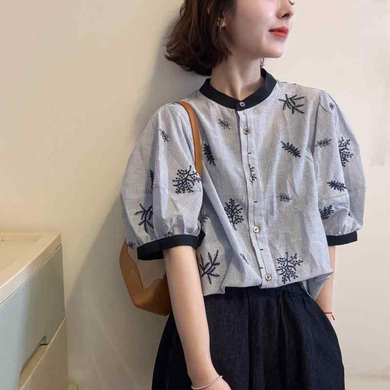 シャツ レディース 麻 リネン混紡 ストライプ柄 半袖 ブラウス ゆったり 刺繡 パフスリーブ トップス おしゃれ かわいい 着痩せ 春夏