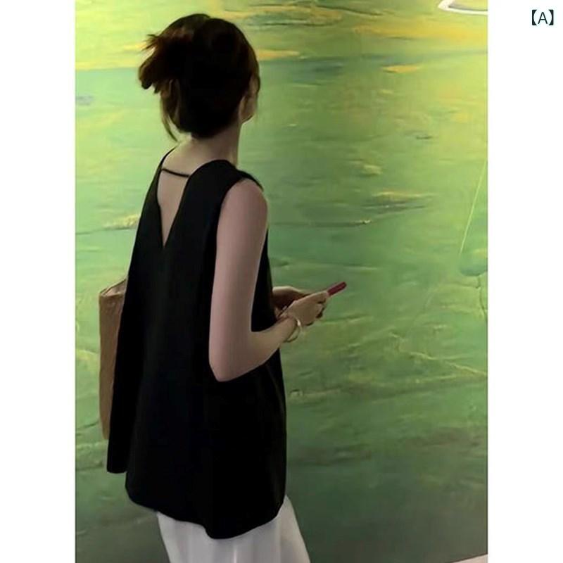 シャツ レディース 黒 Vネック 背中開き 亜麻 リネン ノースリーブ トップス 老钱风 Aライン チュニック ブラウス ドール シャツ 春夏