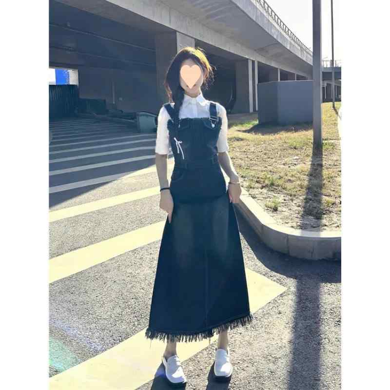 ワンピース レディース デニム サロペットスカート シャツ セットアップ 洗濯加工 着痩せ 美脚 ハイウエスト おしゃれ かわいい