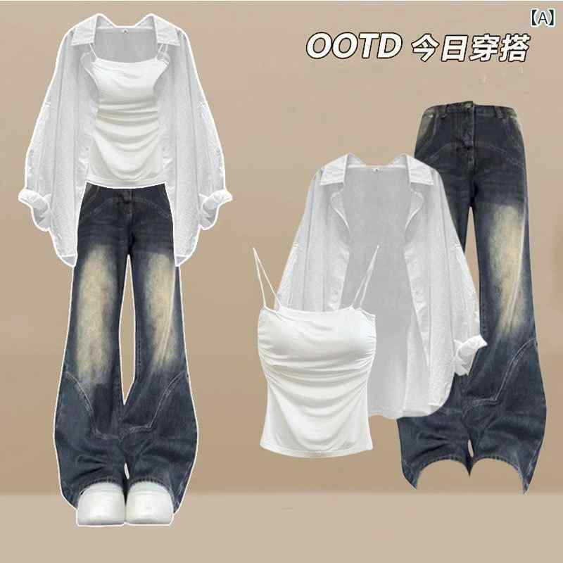 セットアップ レディース 春夏 接触冷感 防シワ 形態安定 スキッパーシャツ デニム パンツ キャミソール 3点セット 通勤 普段使い