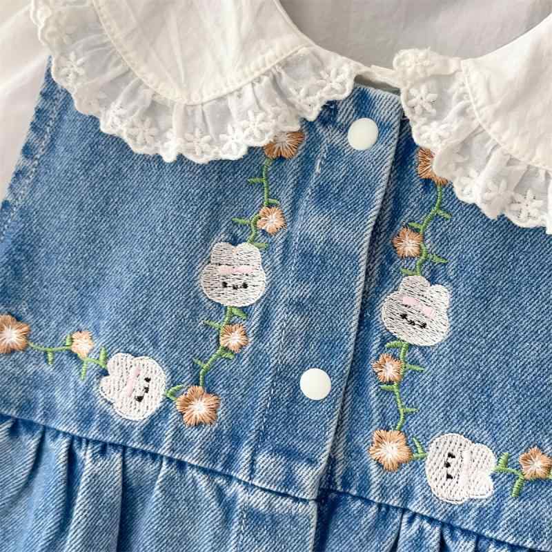 ベビー 春秋 デニム 2点セット サロペット 娃娃襟 シャツ かわいい 女の子 セットアップ 普段着 外出着