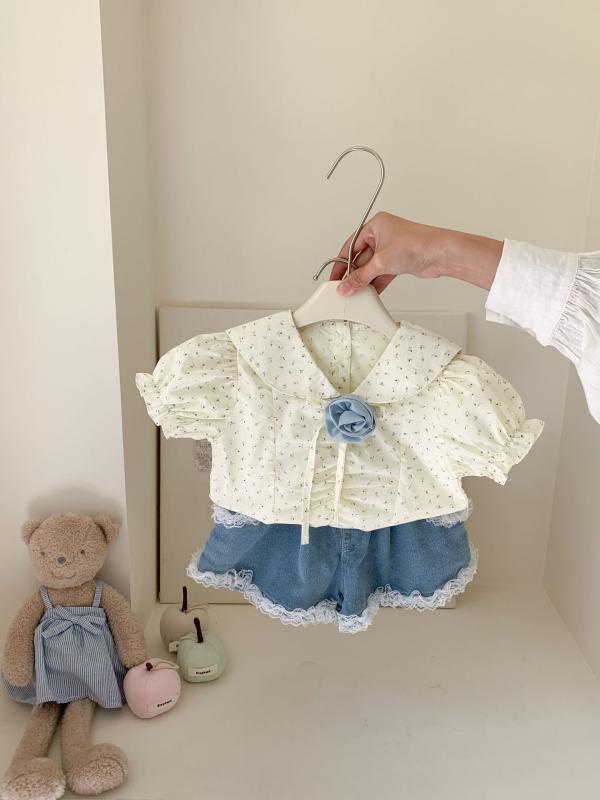 子供服 セットアップ 女の子 夏物 韓国 花柄シャツ 丸襟 パフスリーブ トップス デニム ショートパンツ2