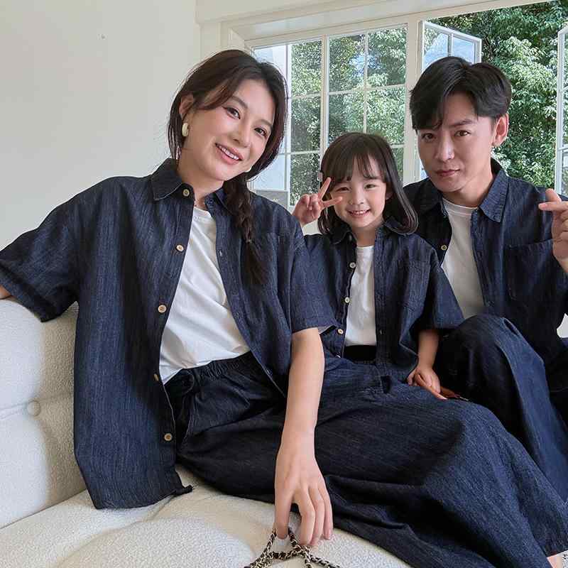 セットアップ 親子 半袖シャツ ショートパンツ デニム 薄手 ゆったり 母娘 かわいい 2点セット 春夏