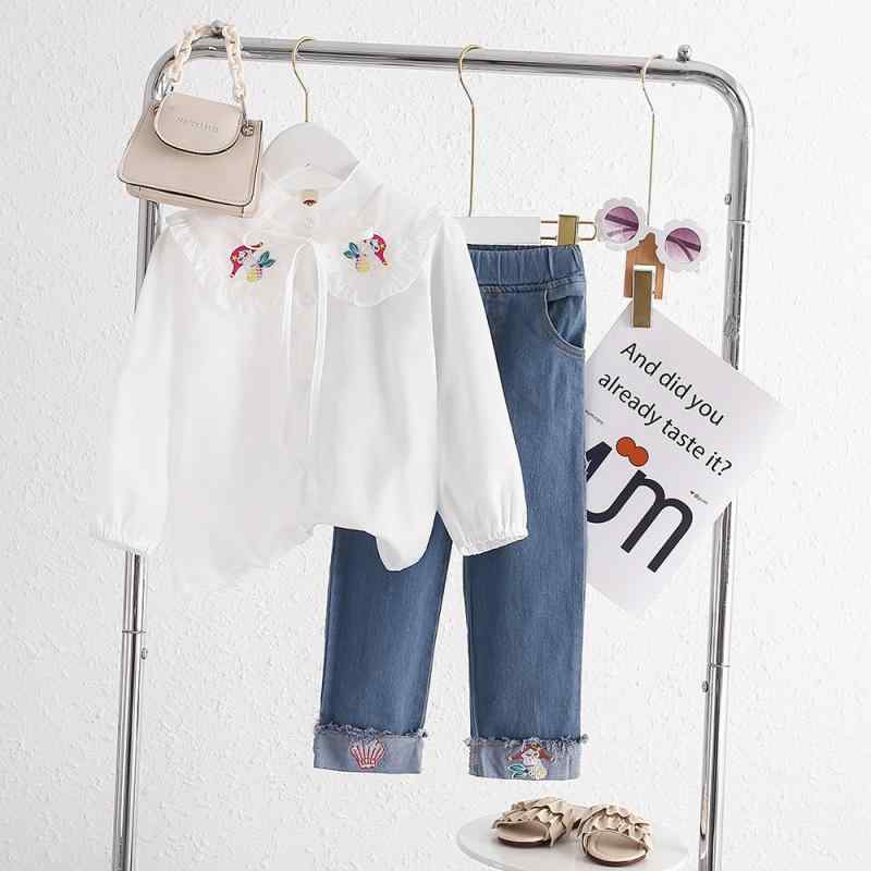 シャツ キッズ 女の子 長袖 美人魚 ドール襟 白 ブラウス デニム ロングパンツ 2点セット 春秋 かわいい