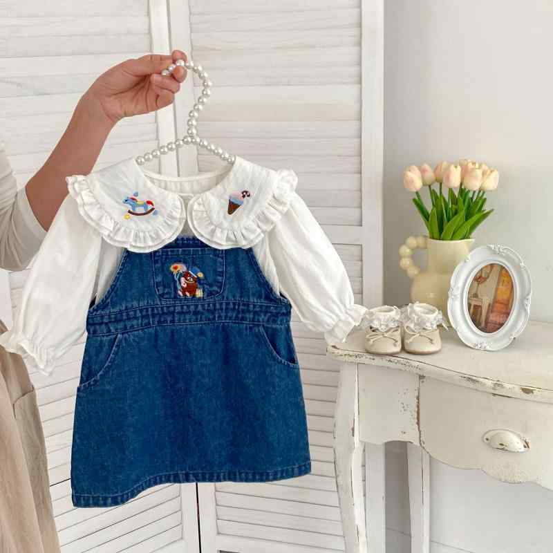セットアップ キッズ 女の子 かわいい 長袖シャツ デニムスカート 上下セット 刺繍 襟付き 春秋2