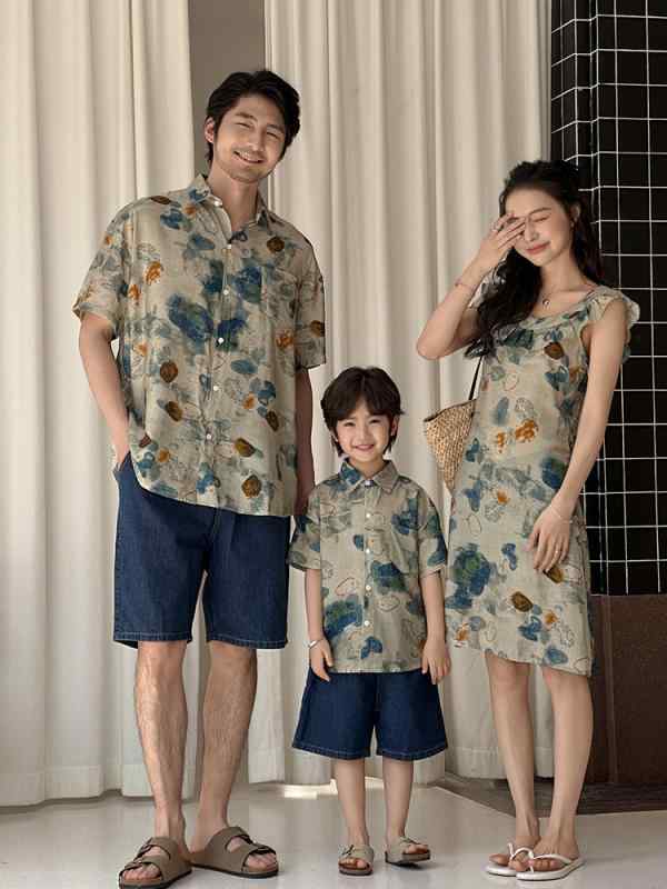 ワンピース レディース 母娘 親子装 シャツ 韓国 おしゃれ かわいい 法式 油絵風 プリント 高見え 普段使い