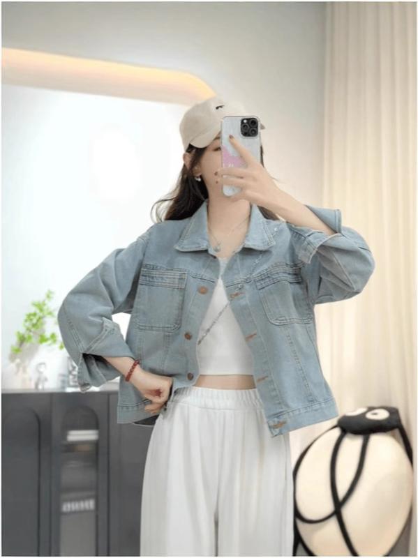 シャツ レディース 韓国 デニム アウター ウォッシュ加工 レトロ 長袖 ショート丈 婦人服 トップス 春秋