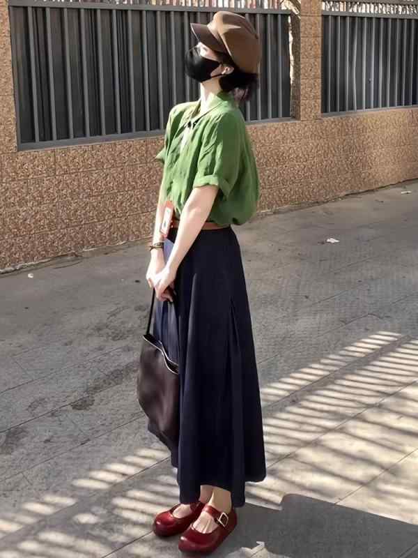 シャツ レディース レトロ 港スタイル トップス 小柄 グリーン 半袖 開襟 襟付き ブラウス ドーパミン 接触冷感 カットソー