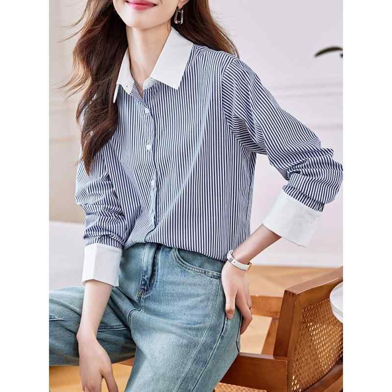 シャツ レディース ブルーストライプ 切り替え オフィス 通勤 トップス