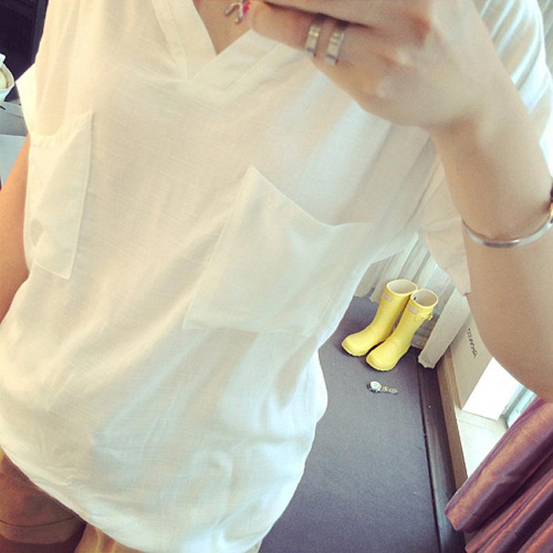 シャツ レディース コットン リネン 半袖 Vネック プルオーバー ブラウス トップス 接触冷感 涼しい 快適 ゆったり 普段使い