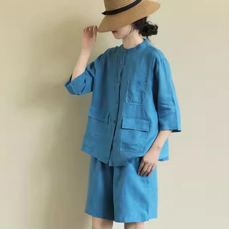 シャツ レディース 麻 半袖 トップス ショートパンツ 上下セット セットアップ 婦人服 リネン カジュア..
