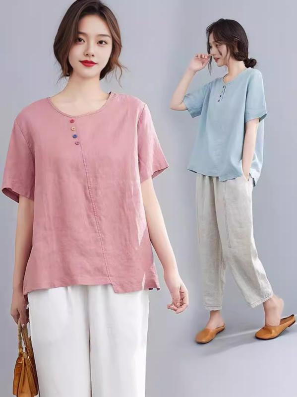 乐天商城 - Tシャツ レディース 綿麻 リネン トップス 半袖 刺繍 ゆったり 大きめサイズ 文芸風 レトロ ブラウス カットソー 普段使い2