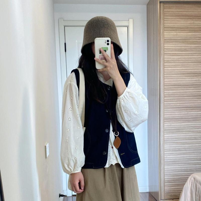 シャツ レディース デニム ベスト &amp; ブラウス 2点 セット 韓国 レトロ ウォッシュド加工 ノースリーブ トップス レイヤード かわいい