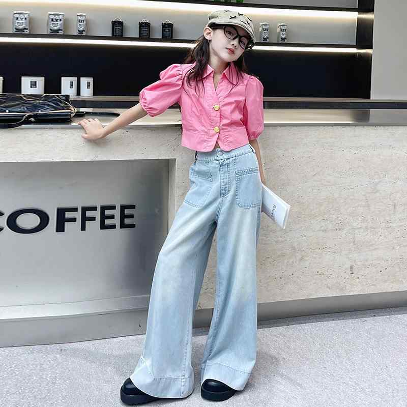 シャツ キッズ 女の子 フレンチスタイル パフスリーブ トップス デニム ワイドパンツ 2点セット 韓国 かわいい カジュアル