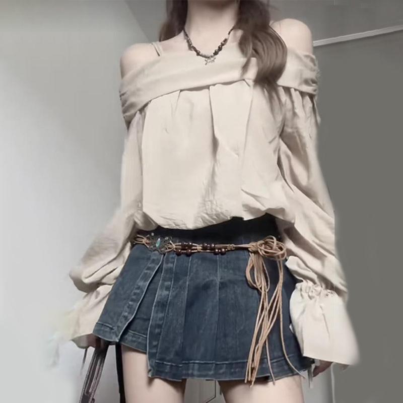 シャツ レディース 長袖 一字肩 トップス 高腰 デニムスカート ミニスカート 切り替え レトロ アメリカン カジュアル