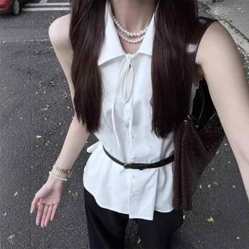 シャツ レディース 春夏 ノースリーブ ブラウス 配色 襟 通勤 トップス ゆったり 着痩せ 体型カバー オフィスカジュアル きれいめ 上品