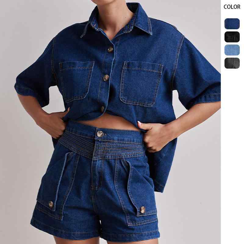セットアップ レディース デニムシャツ デニムショートパンツ カジュアル ゆったり 復古風 春夏 女性用 トップス ボトムス