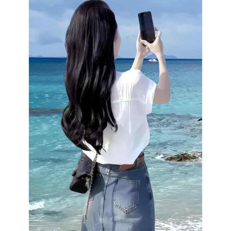 シャツ レディース 半袖 夏服 欲 白 トップス レトロ デニム スカート 上下 セットアップ 2点 セット 大人 かわいい きれいめ フェミニン カジュアル