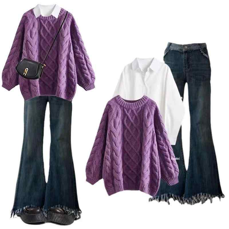 大きいサイズ レディース 秋物 セットアップ スキニー デニム 2点セット 長袖 シャツ ニット ブルー ゆったり 伸縮性 着痩せ