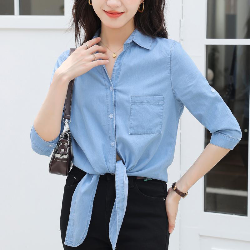 樂天商城 - シャツ レディース Vネック 薄手 デニム ブラウス トップス 韓国 きれいめ 通勤 オフィス カジュアル 春夏