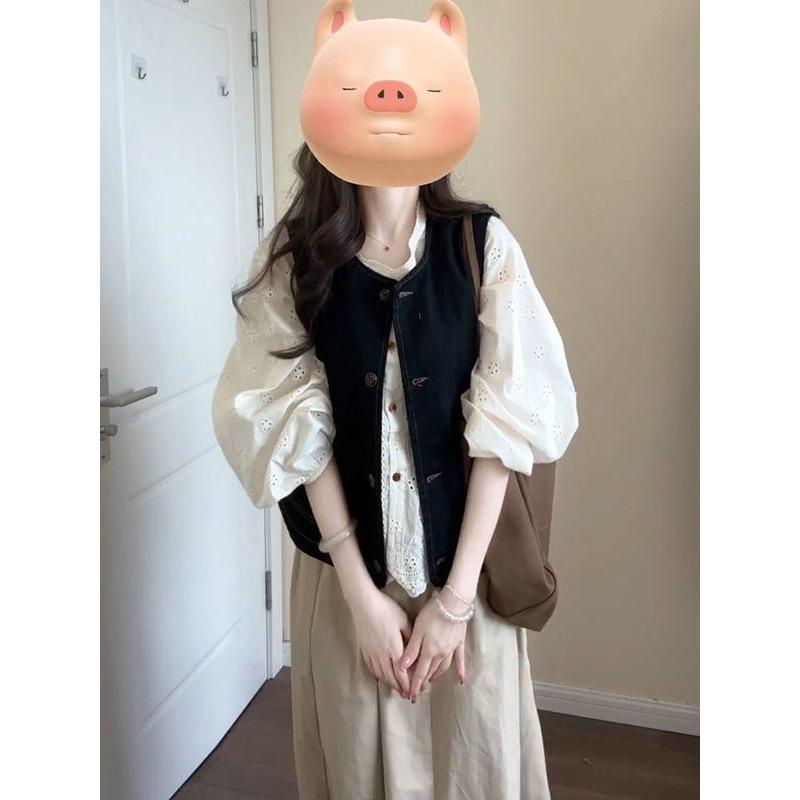 ニット カーディガン ベスト セットアップ レディース 法式 ガーリー 学生風 茶歇風 ミディ丈 スカート 長袖 ブラウス アンサンブル 秋冬