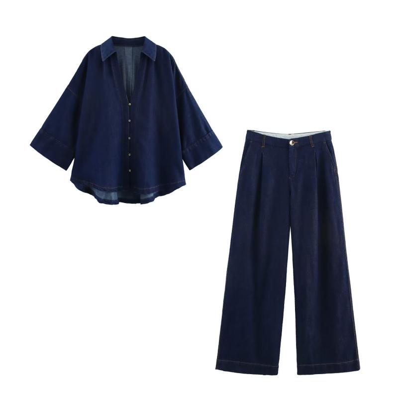 シャツ レディース デニム トップス 春夏 高腰 デニムパンツ セットアップ カジュアル スタイル[ "・パンツ丈: 長ズボン", "・主な素材: ポリエステル繊維", "・主素材の含有量: 70-80%", "・カラー: トップス, パンツ, セットアップ", "・サイズ: XS, S, M, L", "・スタイル: 日韓カジュアル, カジュアル", "・袖丈: 五分袖", "・袖のタイプ: 通常袖", "・対象性別: 女性", "・製品カテゴリ: カジュアルセットアップ"]
