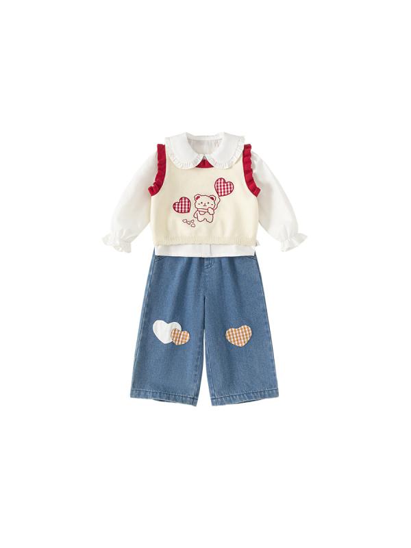 Top & Bottom Sets - 子供服 女の子 シャツ 半袖 ブラウス ノースリーブ デニムパンツ 3点セット セットアップ かわいい 普段着2