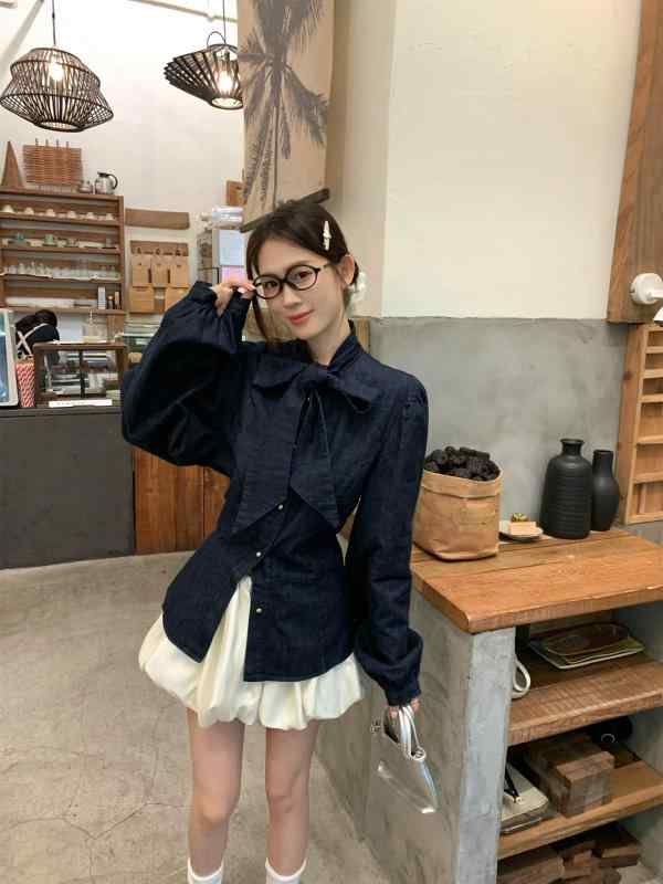 セットアップ レディース デニムシャツ 花柄スカート 蝶結び リボン 韓国 春夏