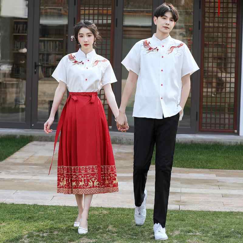 シャツ メンズ 男性用 中国風 刺繍 半袖シャツ ペアルック 発表会 朗読 司会 衣装 赤